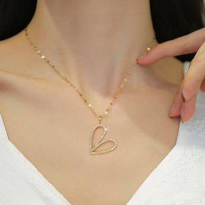 Fashion Heart Shape Stainless Steel Copper Inlay Rhinestones Pendant Necklace