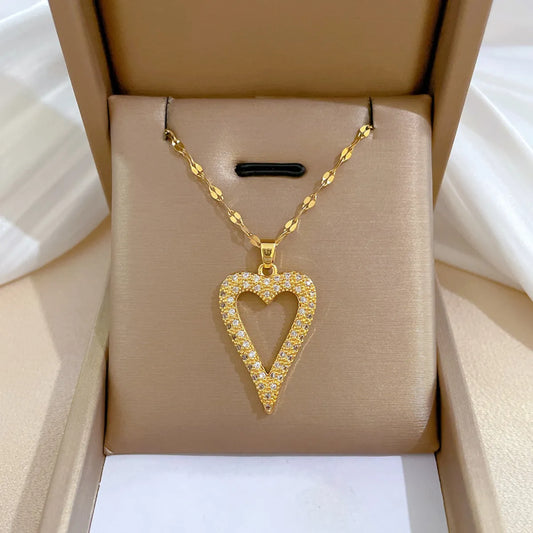 Fashion Heart Shape Stainless Steel Copper Plating Artificial Diamond Pendant Necklace