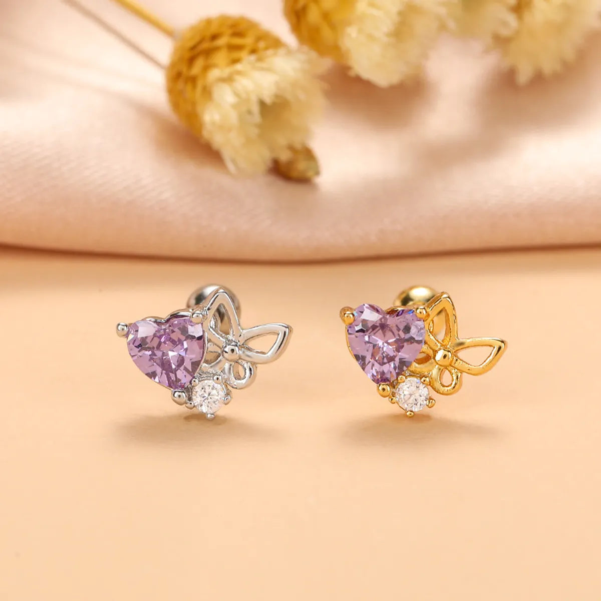 Fashion Heart Shape Stainless Steel Copper Plating Inlay Zircon Ear Studs 1 Piece