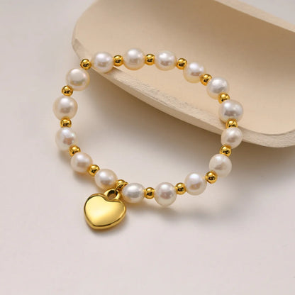 Fashion Heart Shape Stainless Steel Pearl Beaded Plating Bracelets 1 Piece