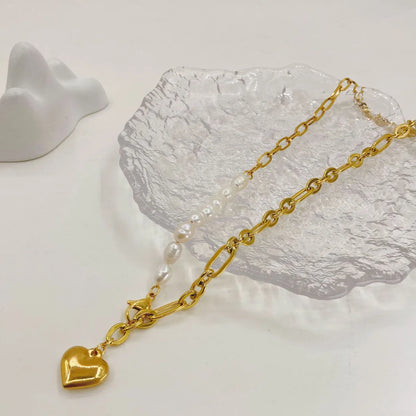 Fashion Heart Shape Stainless Steel Pearl Plating 14k Gold Plated Pendant Necklace