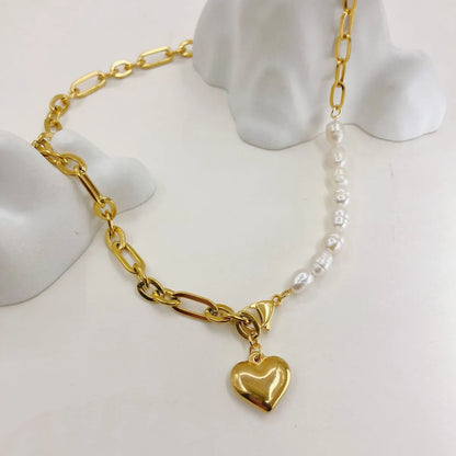 Fashion Heart Shape Stainless Steel Pearl Plating 14k Gold Plated Pendant Necklace