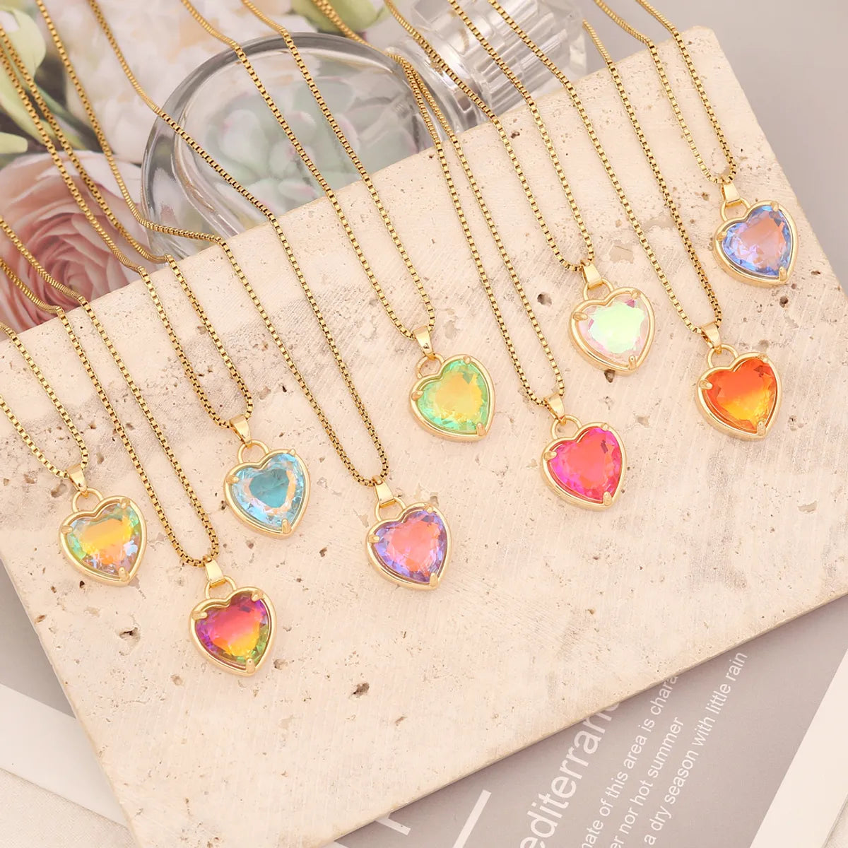 Fashion Heart Shape Stainless Steel Pendant Necklace Gold Plated Artificial Crystal Stainless Steel Necklaces 1 Piece