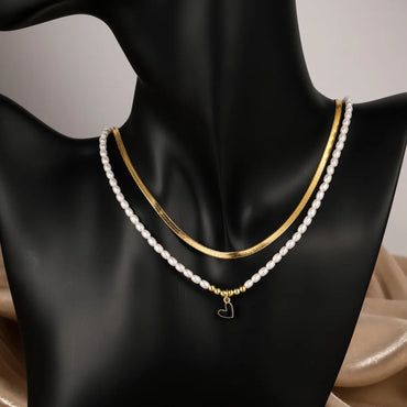 Fashion Heart Shape Stainless Steel Pendant Necklace Gold Plated Pearl Stainless Steel Necklaces 2 Piece Set