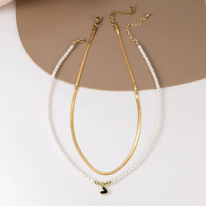 Fashion Heart Shape Stainless Steel Pendant Necklace Gold Plated Pearl Stainless Steel Necklaces 2 Piece Set