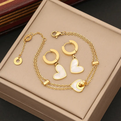 Fashion Heart Shape Stainless Steel Plating Hollow Out Inlay Shell Bracelets Earrings Necklace