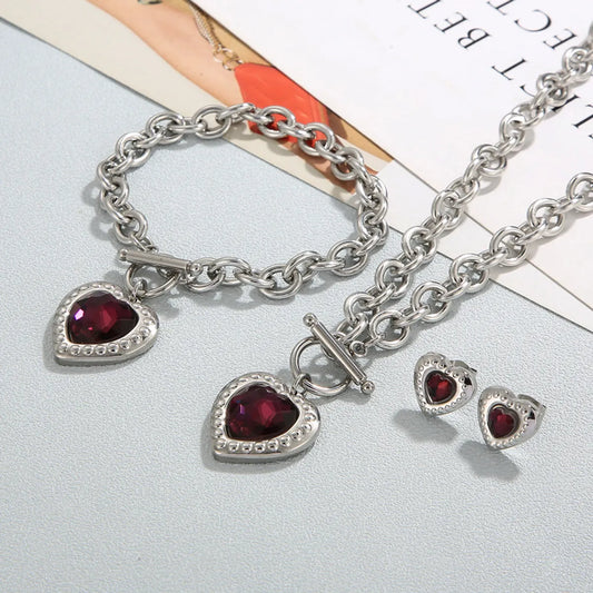 Fashion Heart Shape Stainless Steel Plating Inlay Glass Bracelets Earrings Necklace