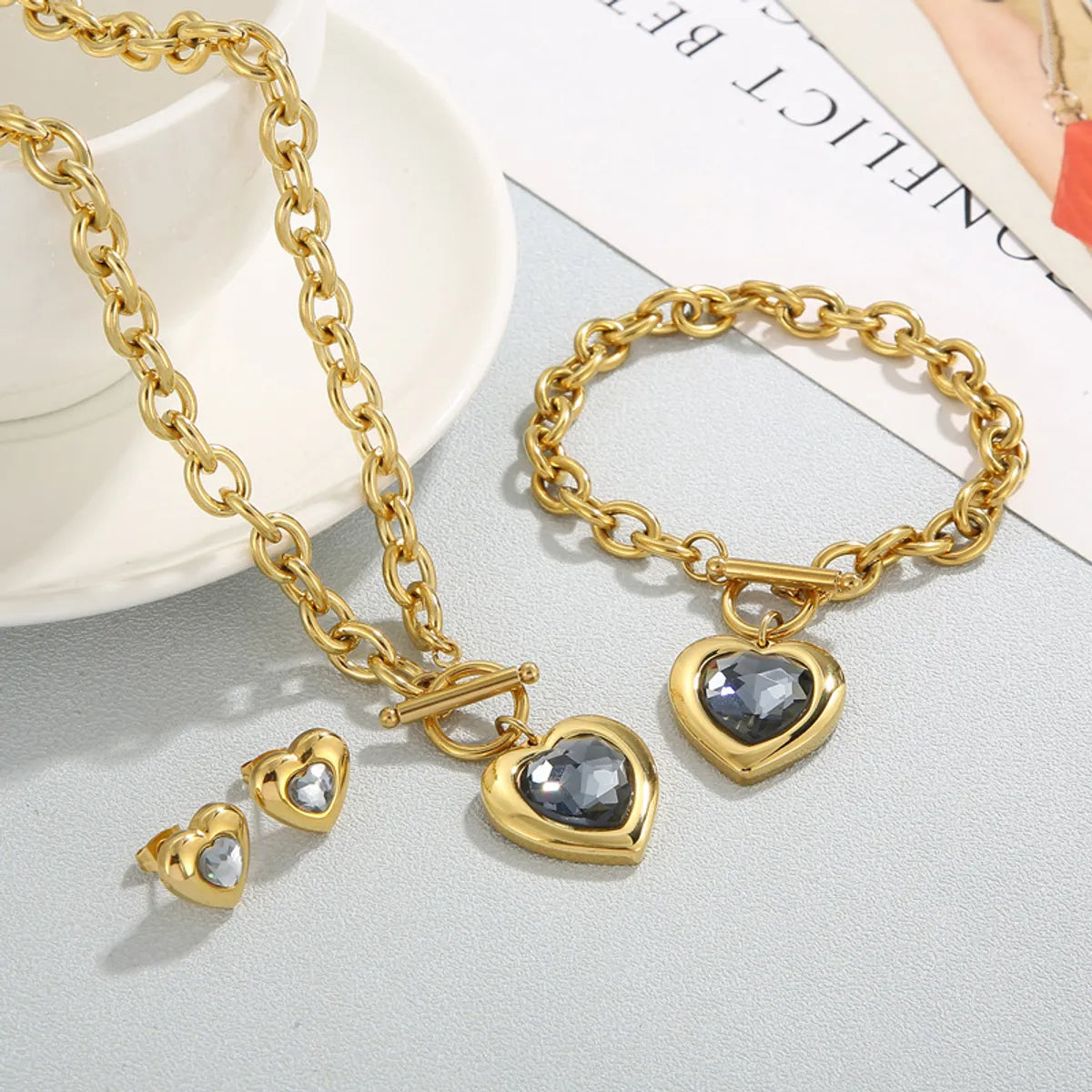 Fashion Heart Shape Stainless Steel Plating Inlay Glass Bracelets Earrings Necklace