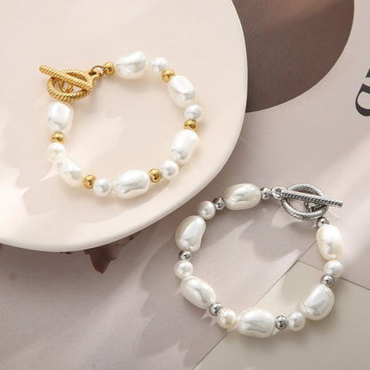 Fashion Heart Shape Stainless Steel Shell Patchwork Pearl Gold Plated Women's Bracelets 1 Piece