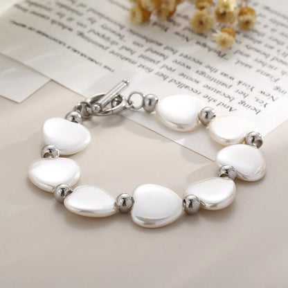 Fashion Heart Shape Stainless Steel Shell Patchwork Pearl Gold Plated Women's Bracelets 1 Piece