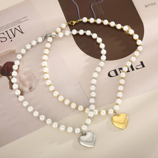 Fashion Heart Shape Titanium Steel Beaded Pearl Plating Bracelets Necklace