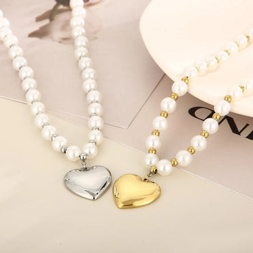 Fashion Heart Shape Titanium Steel Beaded Pearl Plating Bracelets Necklace