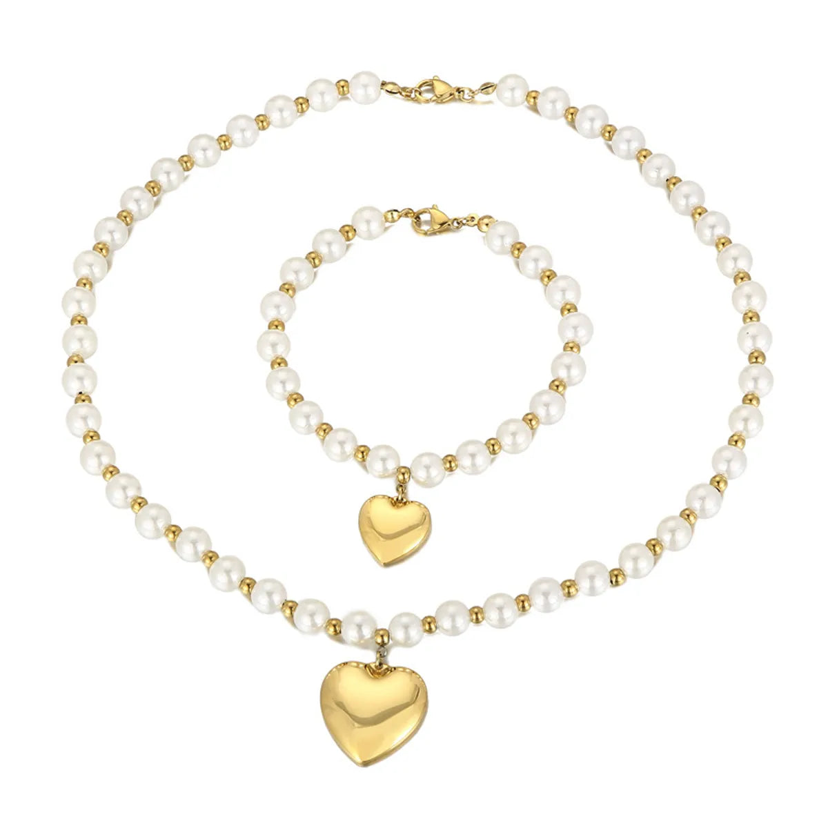 Fashion Heart Shape Titanium Steel Beaded Pearl Plating Bracelets Necklace