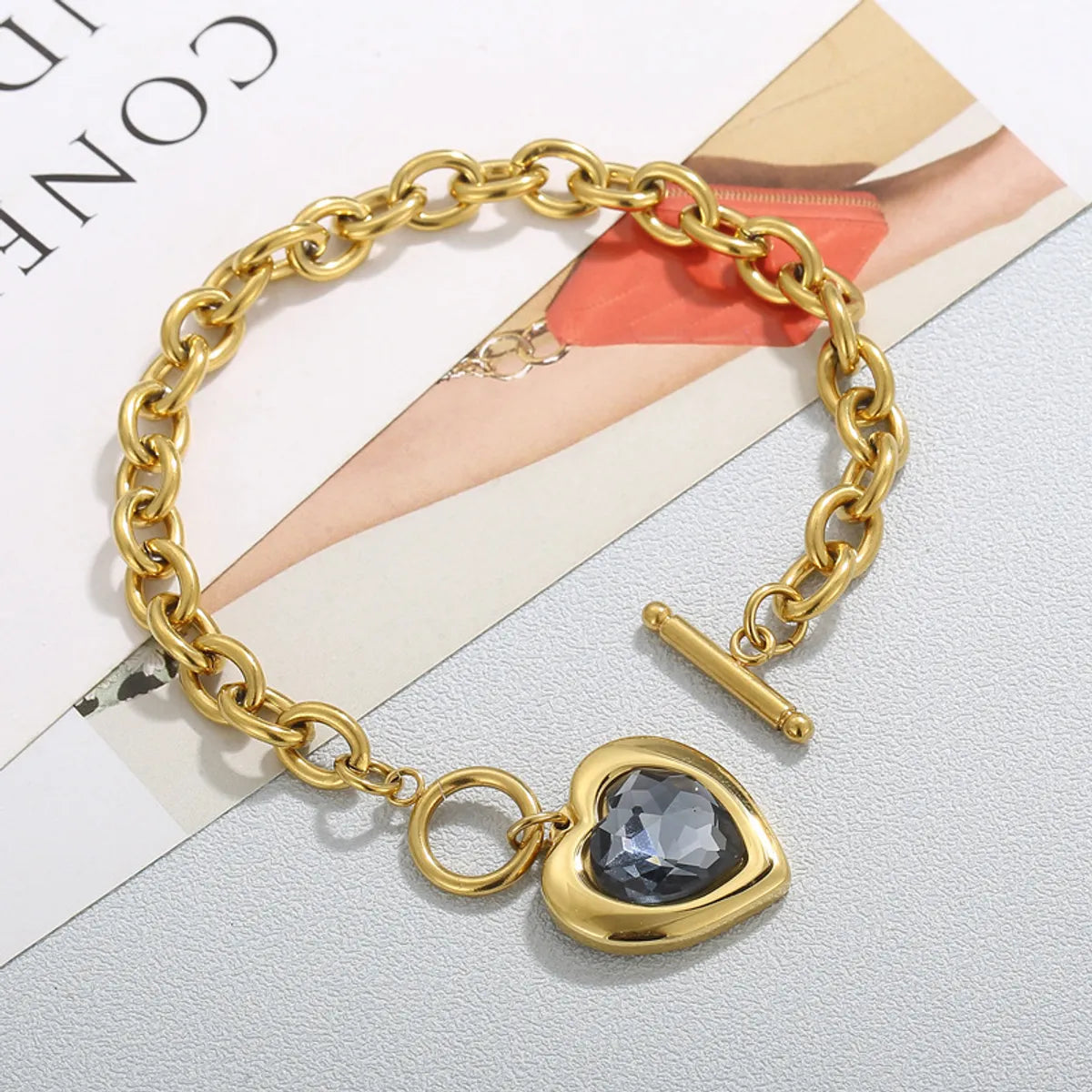 Fashion Heart Shape Titanium Steel Bracelets Plating Inlay Glass Stainless Steel Bracelets