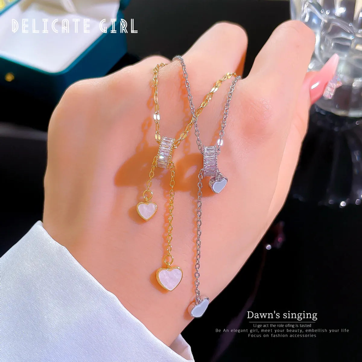 Fashion Heart Shape Titanium Steel Copper Plating Inlay Artificial Diamond Pendant Necklace