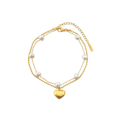 Fashion Heart Shape Titanium Steel Inlaid Pearls Gold Plated Valentine's Day Women's Anklet