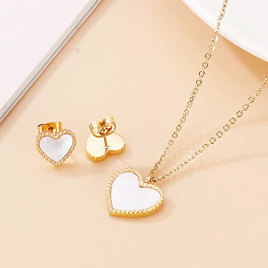 Fashion Heart Shape Titanium Steel Inlay Shell Bracelets Earrings Necklace