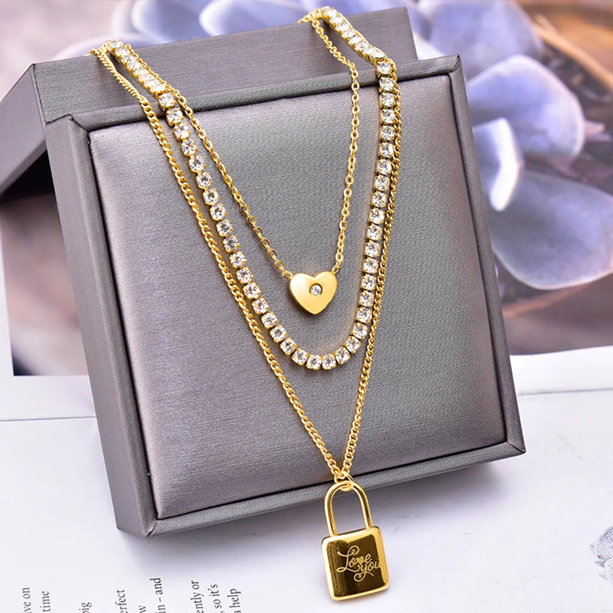 Fashion Heart Shape Titanium Steel Layered Inlay Zircon Layered Necklaces 1 Piece