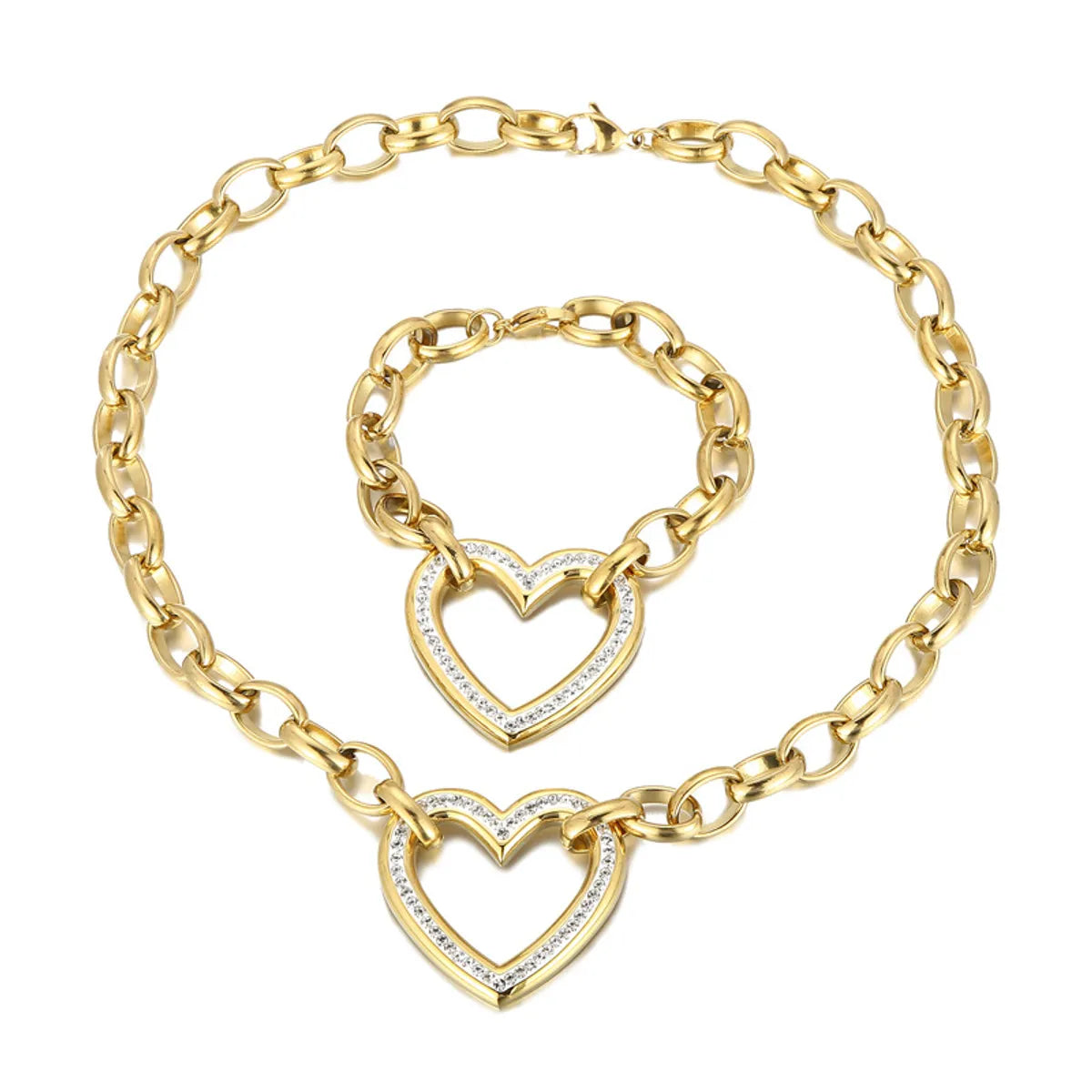 Fashion Heart Shape Titanium Steel Plating Hollow Out Inlay Zircon Bracelets Necklace