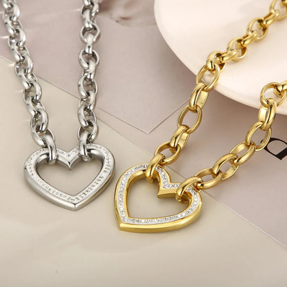 Fashion Heart Shape Titanium Steel Plating Hollow Out Inlay Zircon Bracelets Necklace