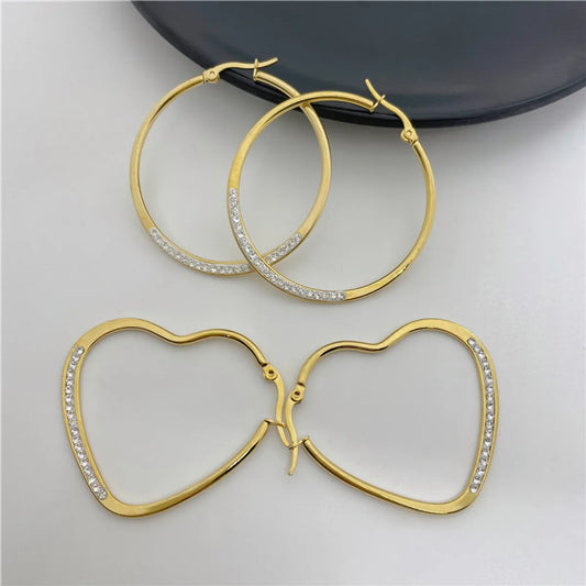 Fashion Heart Shape Titanium Steel Plating Inlay Rhinestones Hoop Earrings 1 Pair