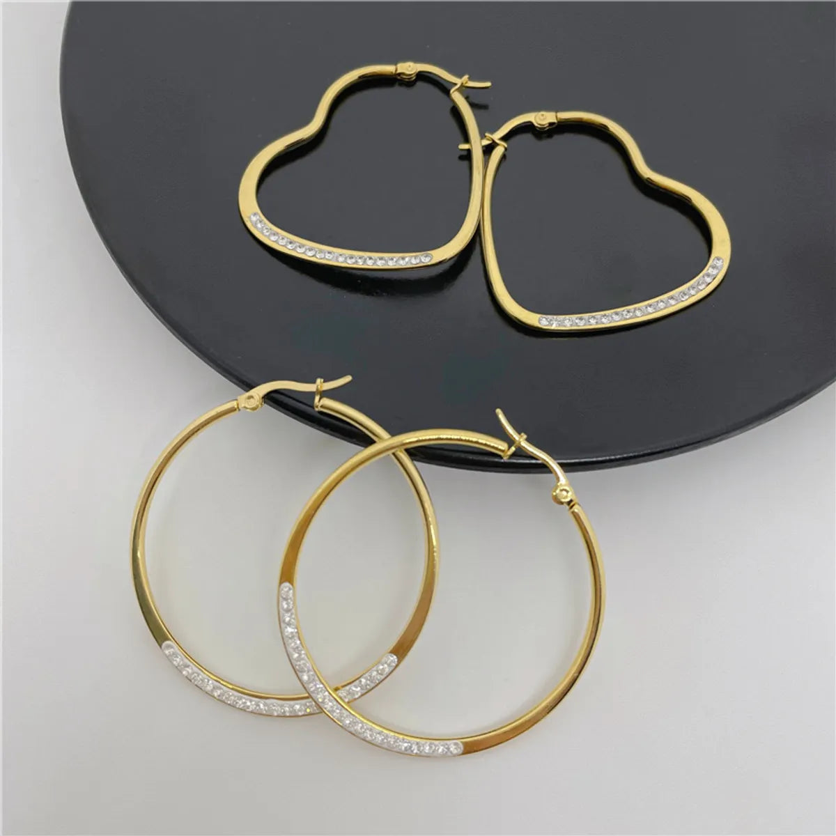 Fashion Heart Shape Titanium Steel Plating Inlay Rhinestones Hoop Earrings 1 Pair