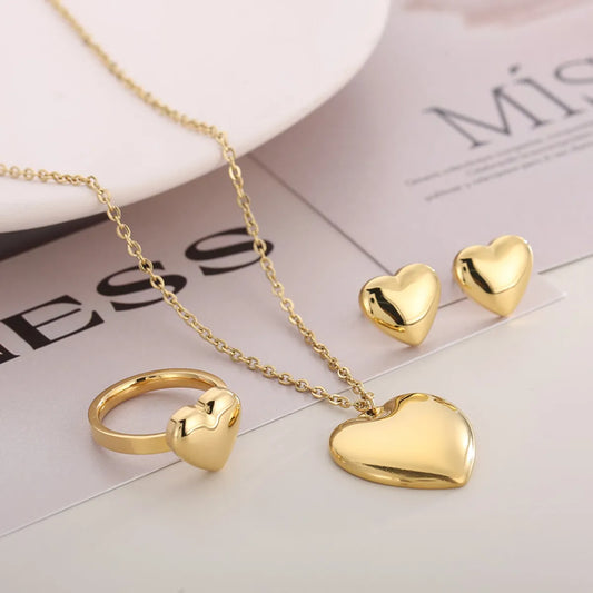 Fashion Heart Shape Titanium Steel Plating Rings Earrings Necklace 1 Set