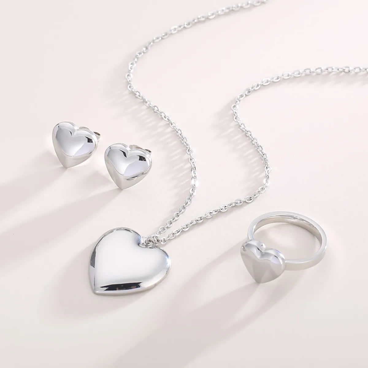 Fashion Heart Shape Titanium Steel Plating Rings Earrings Necklace 1 Set