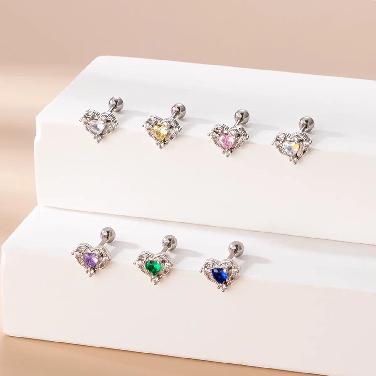 Fashion Heart Shape Titanium Steel Plating Zircon Ear Studs 1 Piece