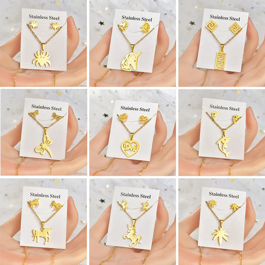 Fashion Heart Shape Unicorn Dragonfly Stainless Steel Alloy Plating Women's Earrings Necklace 1 Set