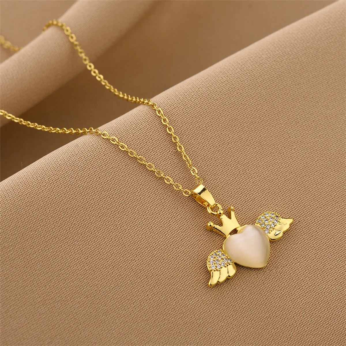 Fashion Heart Shape Wings Titanium Steel Inlay Rhinestones Opal Necklace 1 Piece