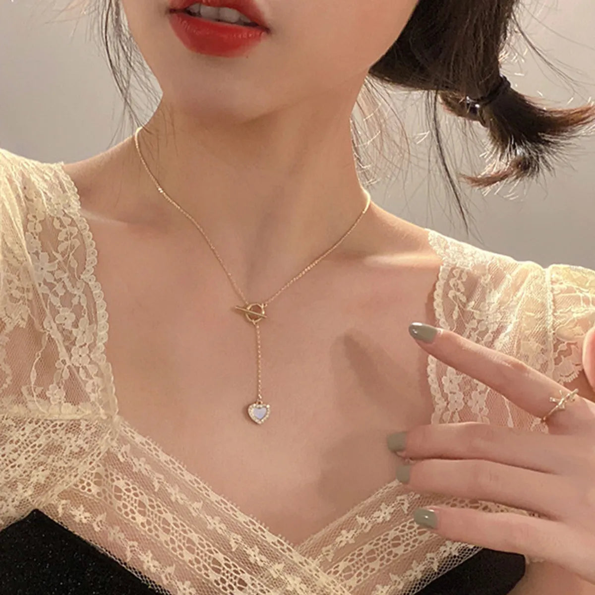 Fashion Heart Titanium Steel Inlay Artificial Diamond Necklace