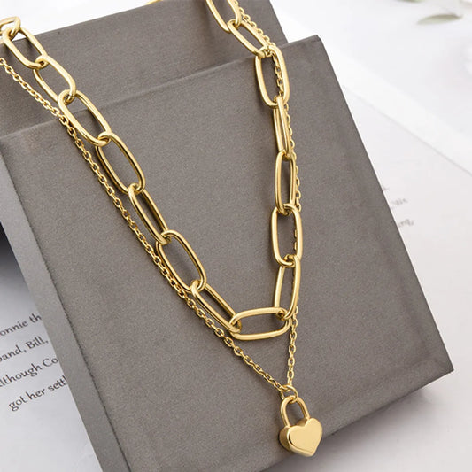 Fashion Hip-hop Heart-shaped Titanium Steel Thick Chain Double-layer Clavicle Chain