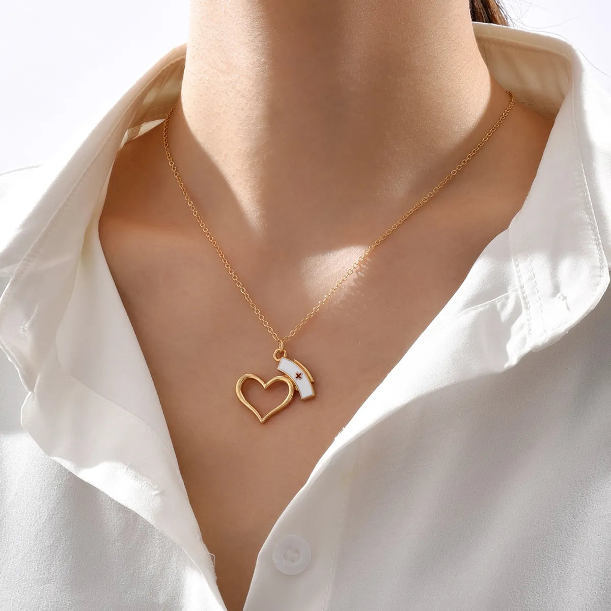 Fashion Hollow Heart Nurse Hat Pendant Alloy Necklace