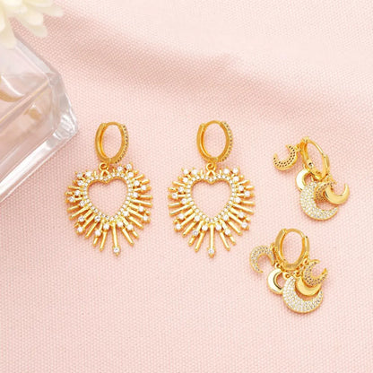 Fashion Hollow Heart-Shaped Earrings Creative Moon Copper Drop Earrings