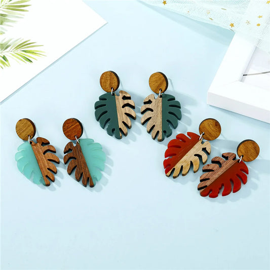 Fashion Hollow Leaf Wood  Retro  Wood Resin Earrings For Women