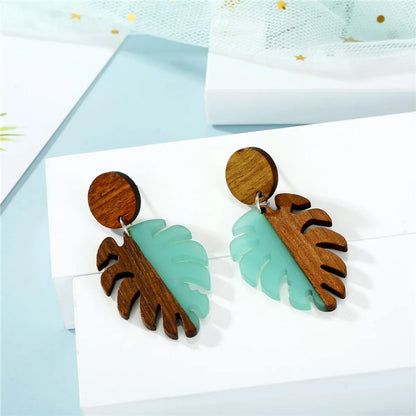 Fashion Hollow Leaf Wood  Retro  Wood Resin Earrings For Women