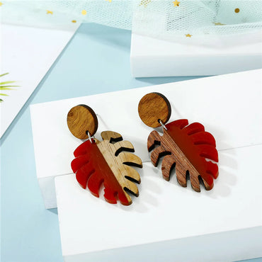 Fashion Hollow Leaf Wood  Retro  Wood Resin Earrings For Women