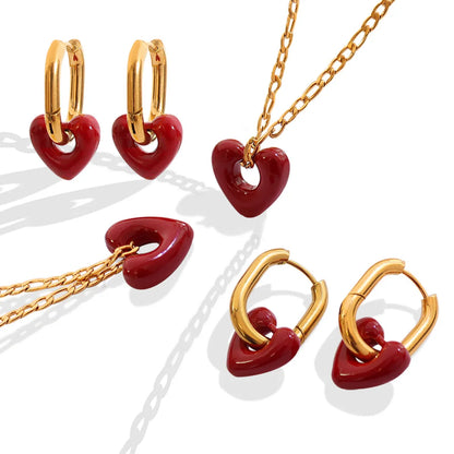 Fashion Hollow Titanium Steel Necklace Dripping Oil Heart Earring