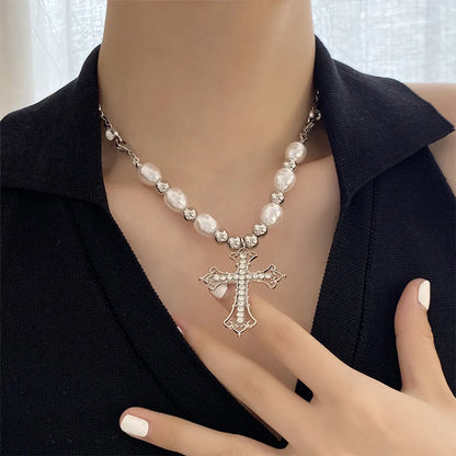 Fashion Cross Pearl Imitation Pearl Steel Aluminum-magnesium Alloy Women's Necklace