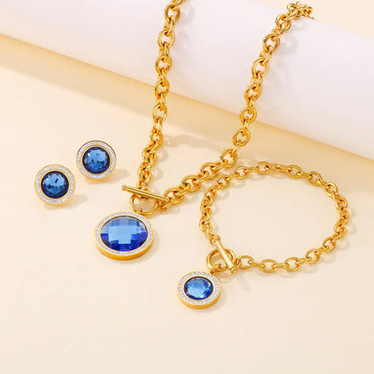 Fashion Inlay Rhinestone Glass Stone Stainless Steel Necklace Bracelet Ear Studs Three-piece Set