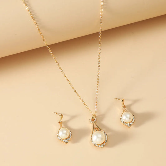 Fashion Inlay Rhinestone Set Pearl Diamond Set Necklace Ear Stud