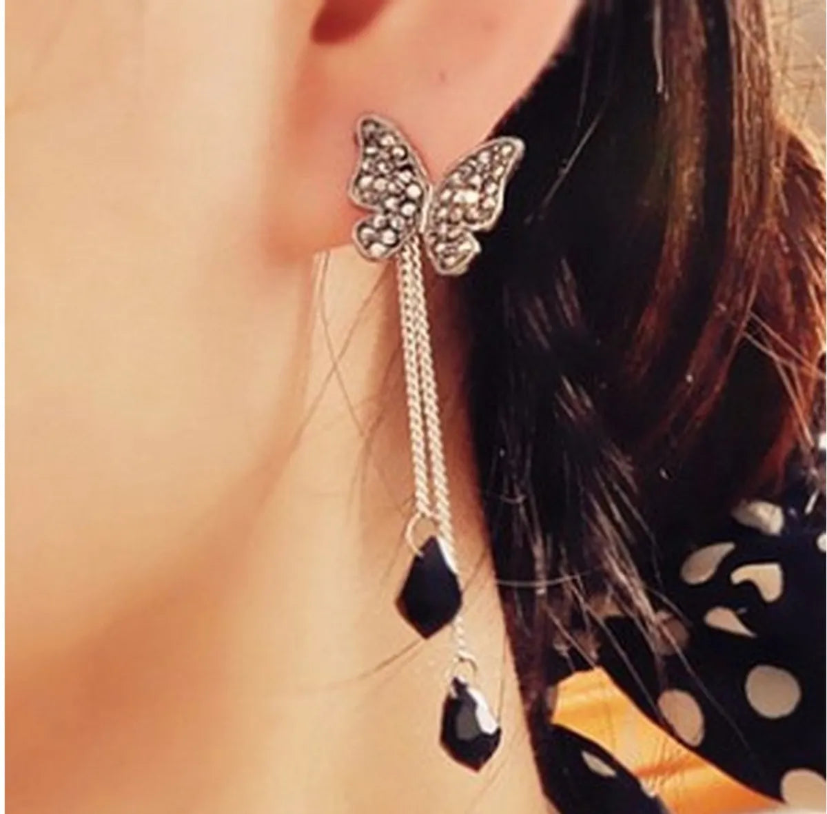 Fashion Insect Pendant Butterfly Shaped Tassel Long Water Drop Ear Studs