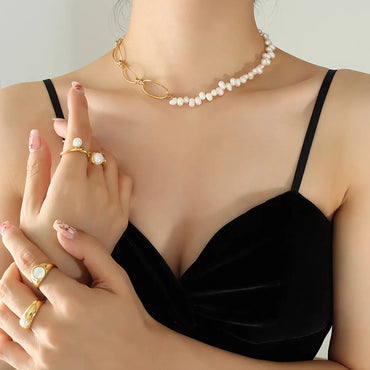 Fashion Irregular Pearl Titanium Steel Plating Choker 1 Piece