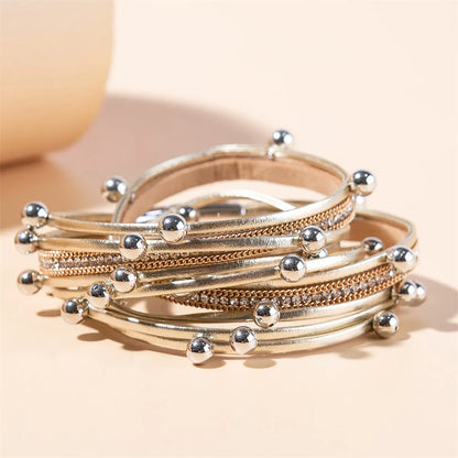 Fashion Irregular Pu Leather Layered Rhinestones Bracelets