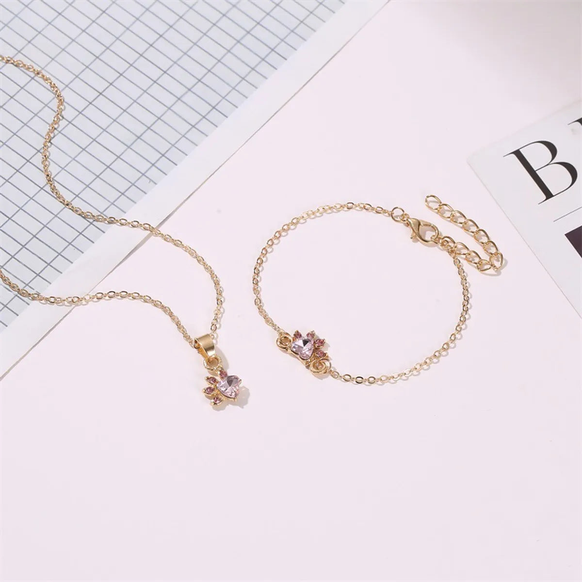 Fashion Jewelry Cat Footprint Zircon Ring Bracelet Cute Cartoon Cat Claw Necklace Earring Set Wholesale Gooddiy