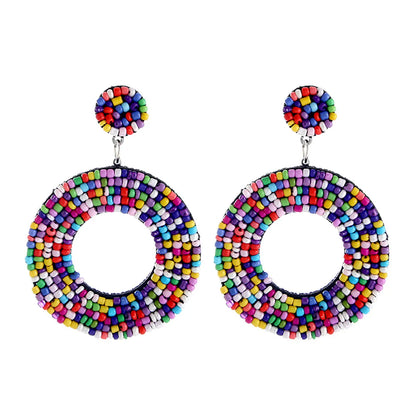 Fashion Jewelry Hand-Woven Resin Rice Beads Bohemian Retro Circle Earrings