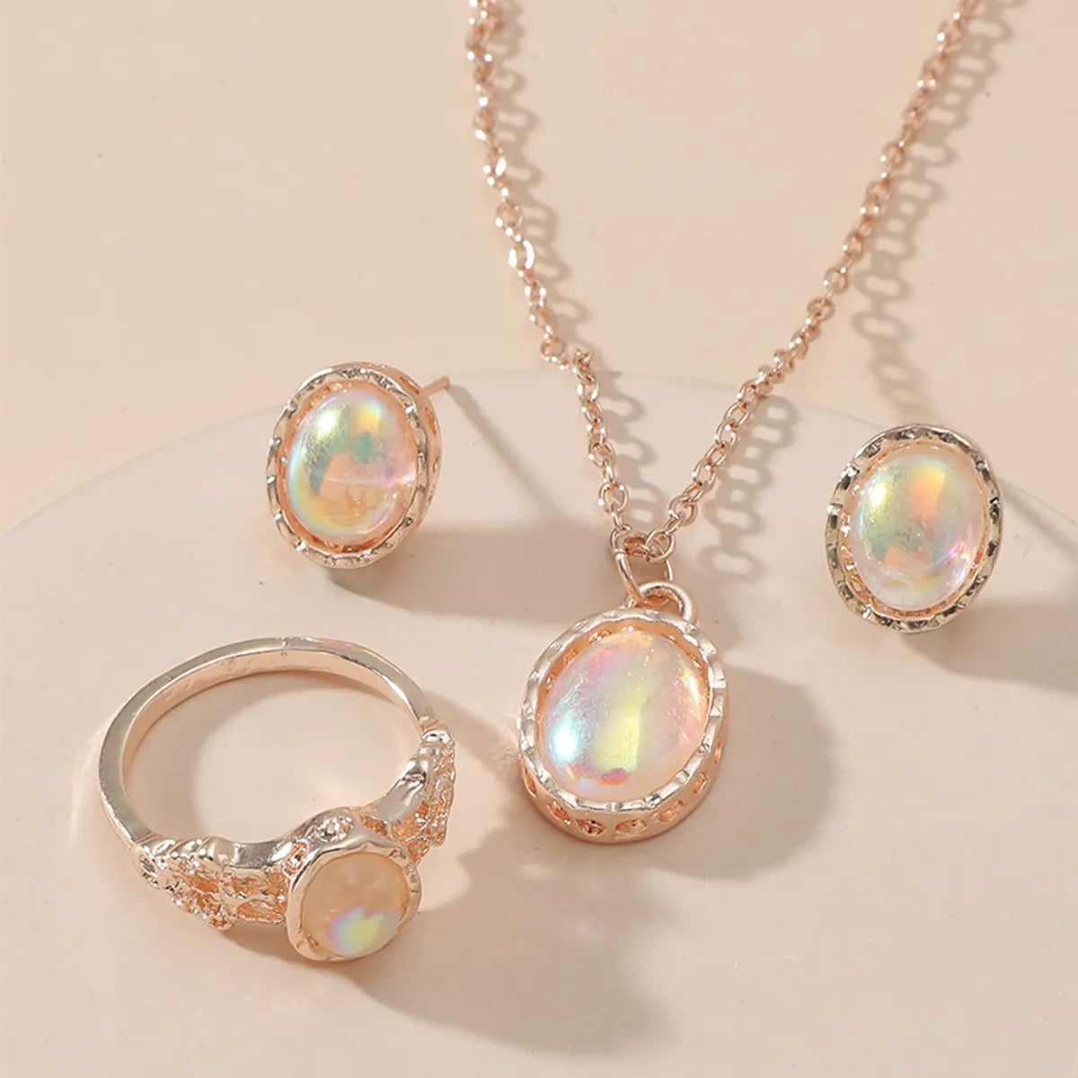 Fashion Jewelry Oval Fluorescent Gemstone Stud Earrings Necklace Ring Set