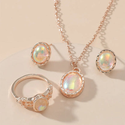 Fashion Jewelry Oval Fluorescent Gemstone Stud Earrings Necklace Ring Set