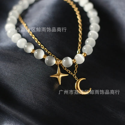 Fashion Jewelry Two Piece Star Moon Opal Elastic Titanium Steel Bracelet